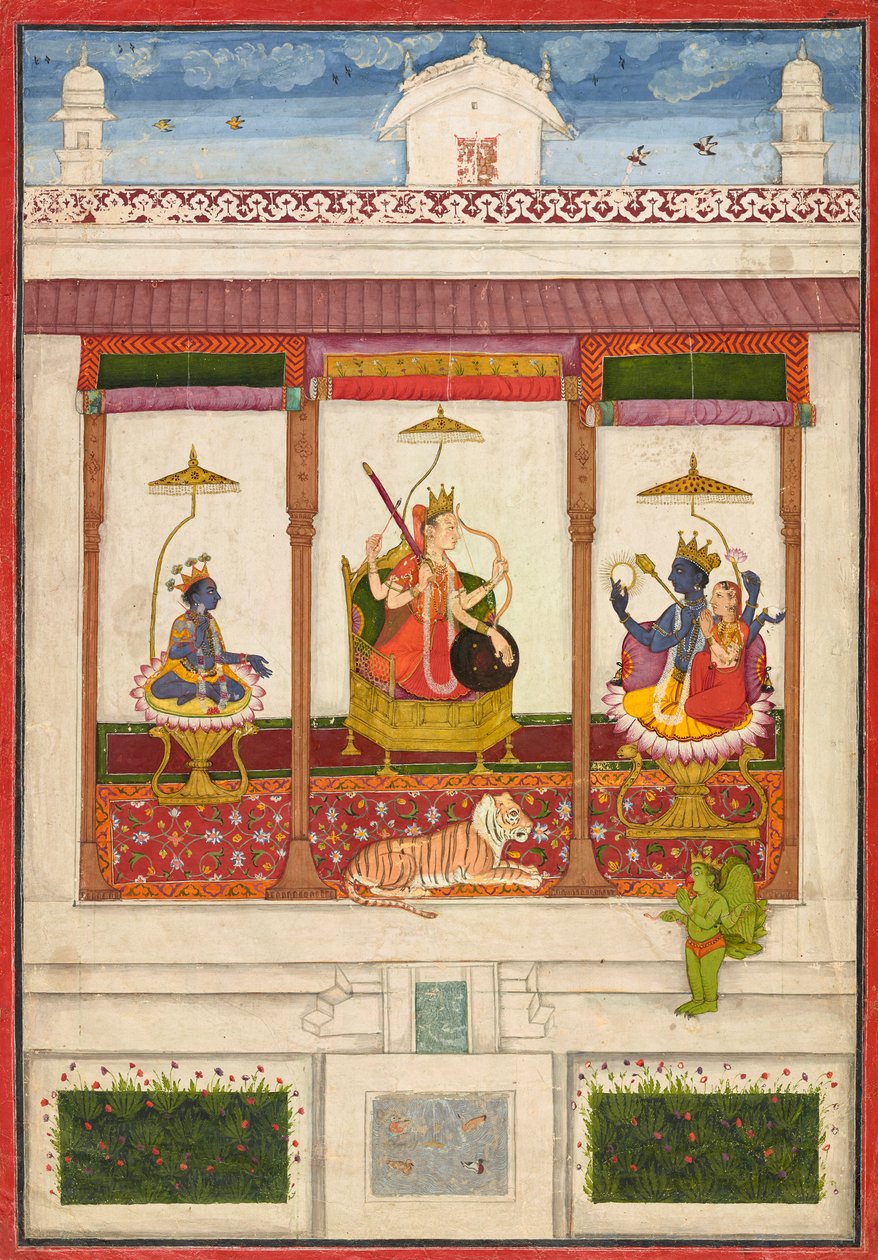Devi med Krishna og Vishnu i et palads af Unknown artist