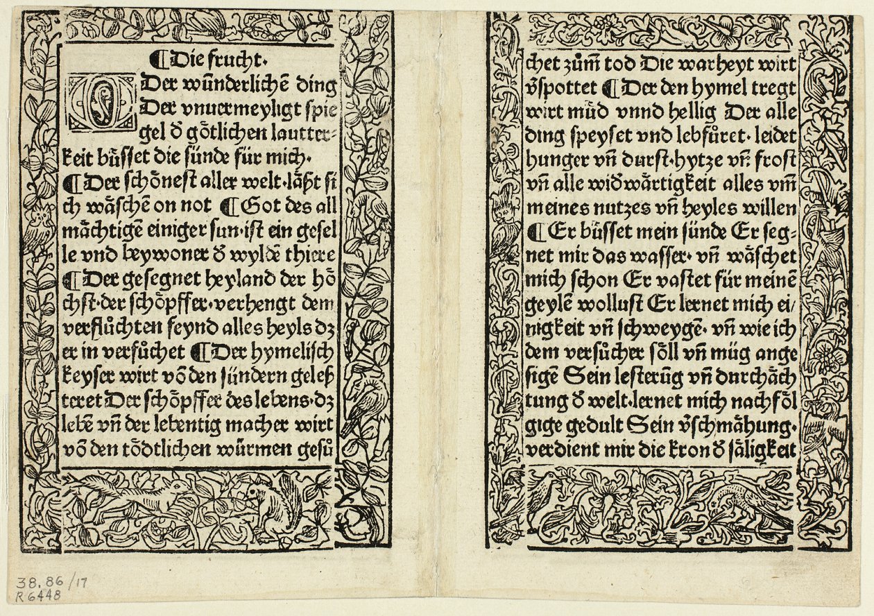 Andagtspassager med ornamentale kanter fra Andächtig Zeitglöcklein des Leben und Leidens Christi, plade 17 fra Træsnit fra bøger fra det 15. århundrede af Unknown artist
