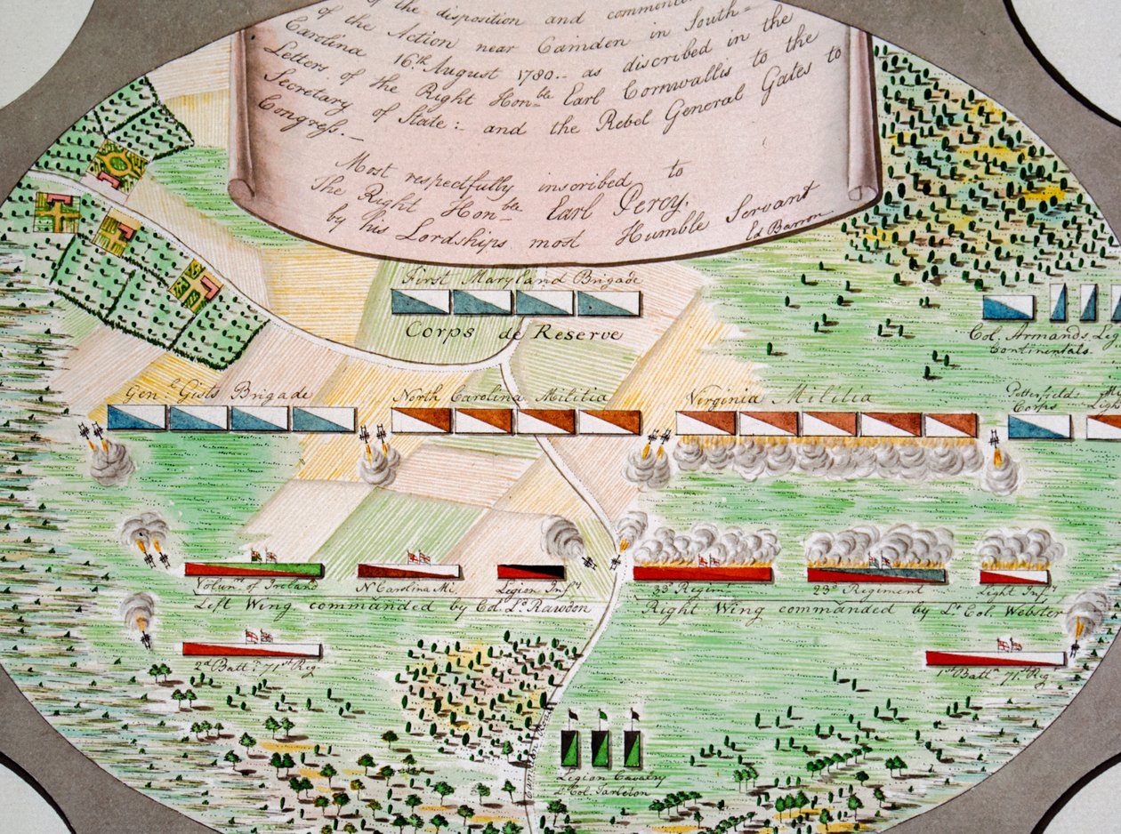 Diagram over kamplinjerne i slaget ved Camden, South Carolina, den 16. august af Unknown artist