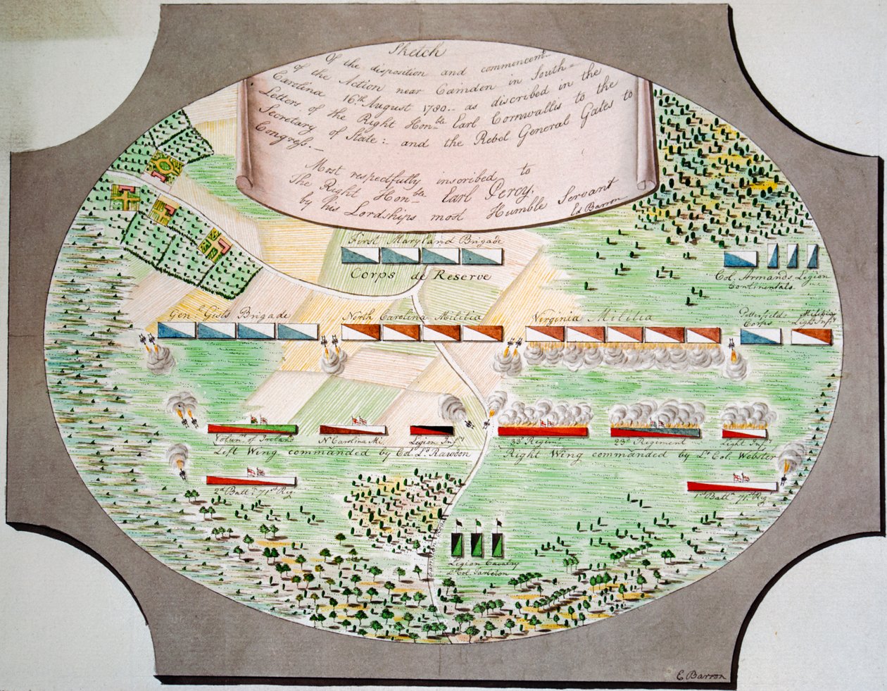 Diagram over kamplinjerne i slaget ved Camden, South Carolina, den 16. august af Unknown artist