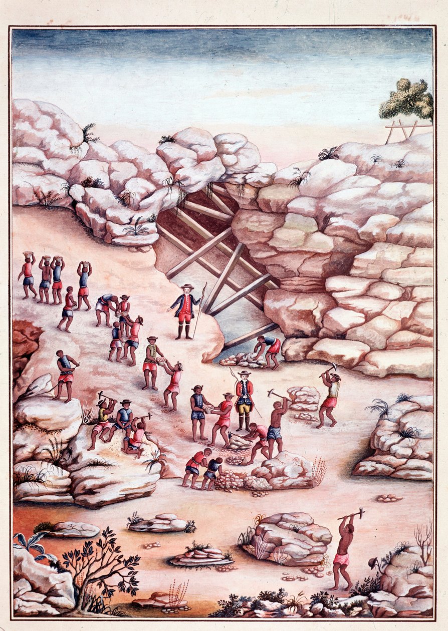 Diamantudvinding i en mine i Brasilien. Akvarel af det 18. århundrede Rio de Janeiro, Biblioteca Nazionale af Unknown artist