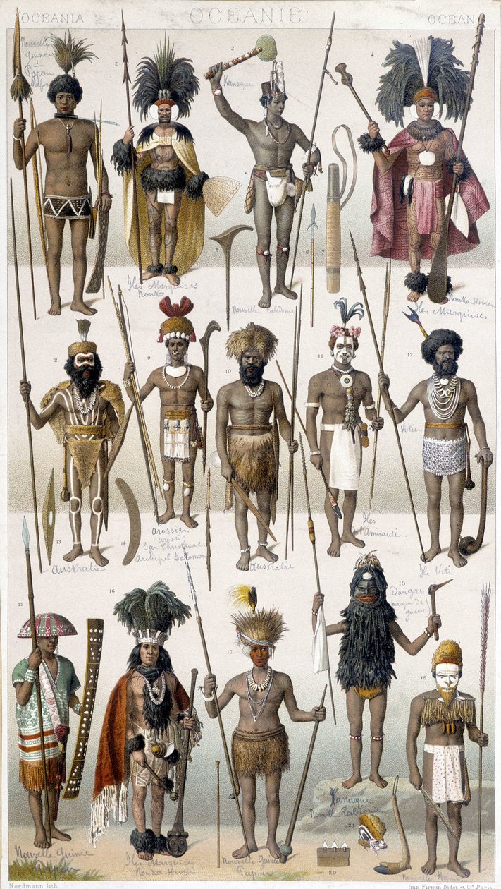 Forskellige kostumer af Warriors of Oceania. af Unknown artist