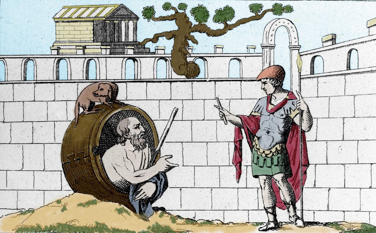 Kynikeren Diogenus (413-327 f.Kr.), græsk filosof, fortæller i sin tønde til Alexander den Store "" Lad dig se min sol"". af Unknown artist