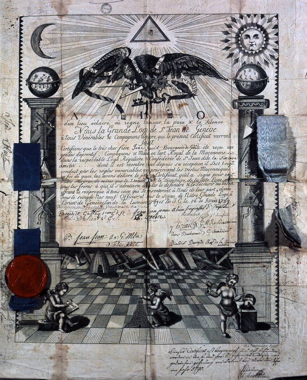 Diplom af Isaac Huit som ledsager og mester i Royal Masonry Art, uddelt i 1789 af Grand Lodge of St-Jean i Genève. af Unknown artist
