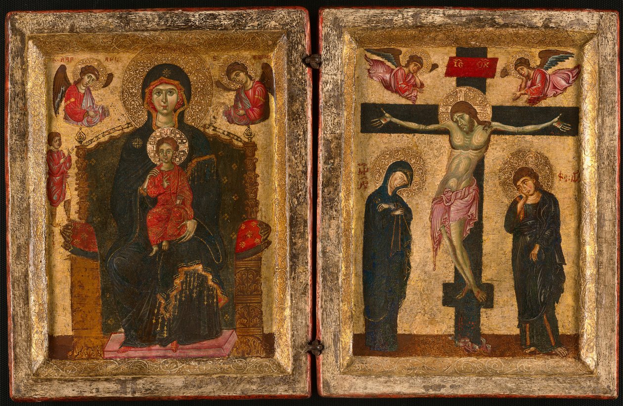 Diptyk af Jomfruen med barnet på tronen og korsfæstelsen af Unknown artist
