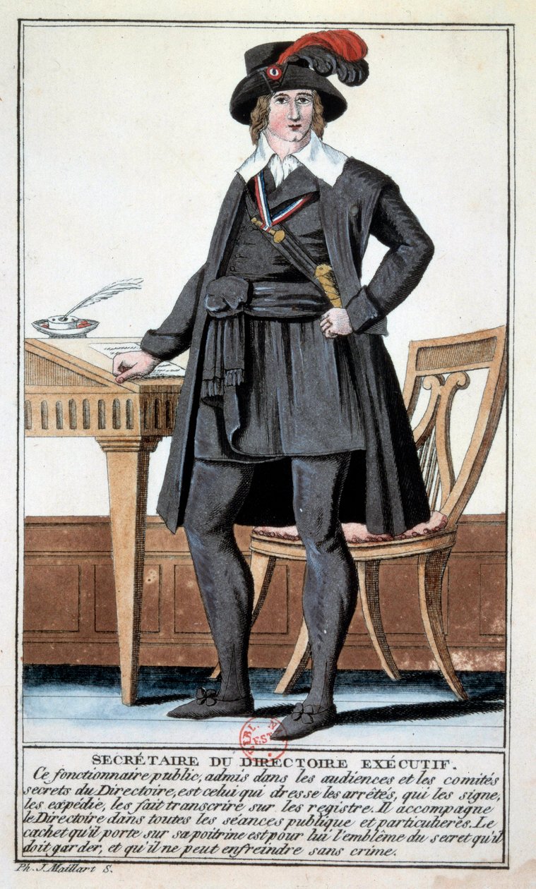Directoire: kostume som sekretær for direktionen. Stik fra 1700-tallet. Paris, B.N. af Unknown artist