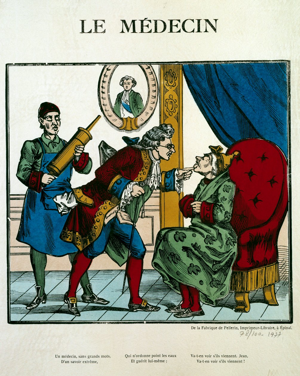 Doctor Scene, der repræsenterer en læge, der undersøger en patient, hans assistent bag ham holder en clystere. Indgravering af det 19. århundredes Paris, B.N. af Unknown artist