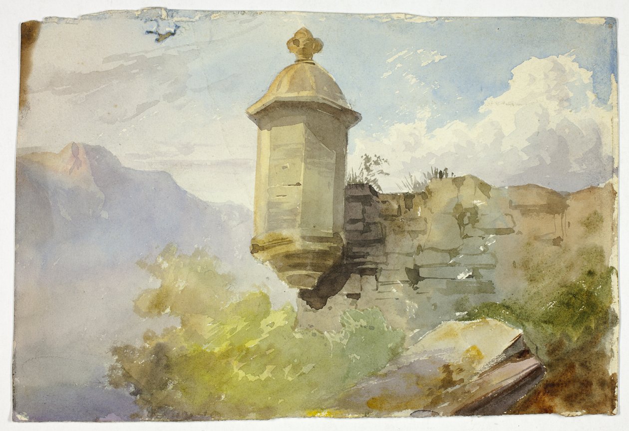 Kuppelformet udkigspost på mur i bjerglandskab (recto); figurer krydser bro foran bjerg (verso) af Unknown artist