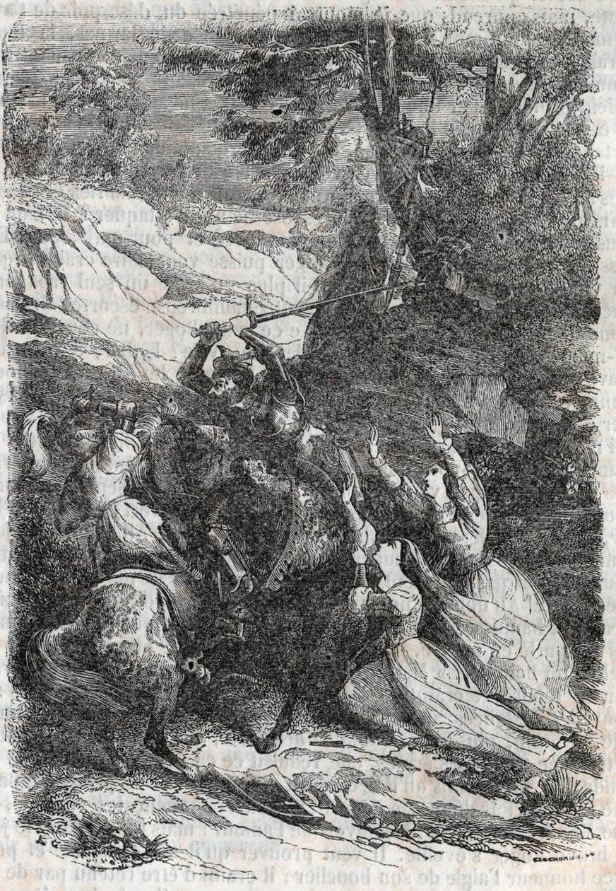 Doralice og Isabelle vil adskille Mandricard og Zerbin - indgravering af 1851 fra "" Roland furieux"" af Unknown artist