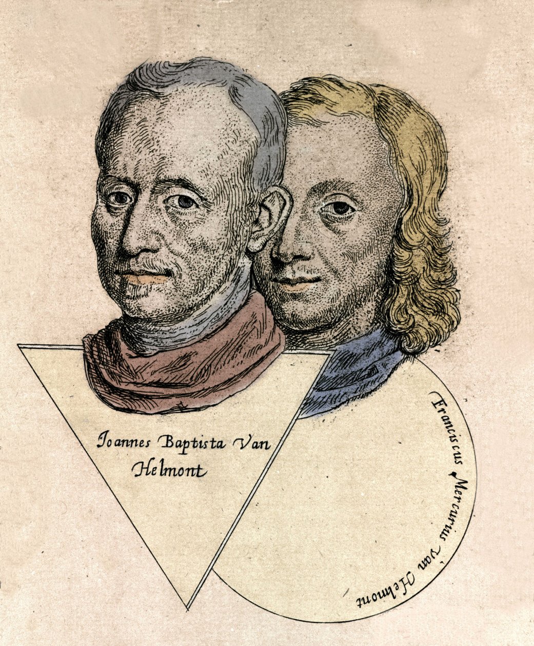 Dobbeltportræt af den belgiske kemiker Jean Baptiste van Helmont (Jan Baptist van Helmont) (1577-1644) og François Mercure van Helmont (1614-1699). Gravering af Unknown artist