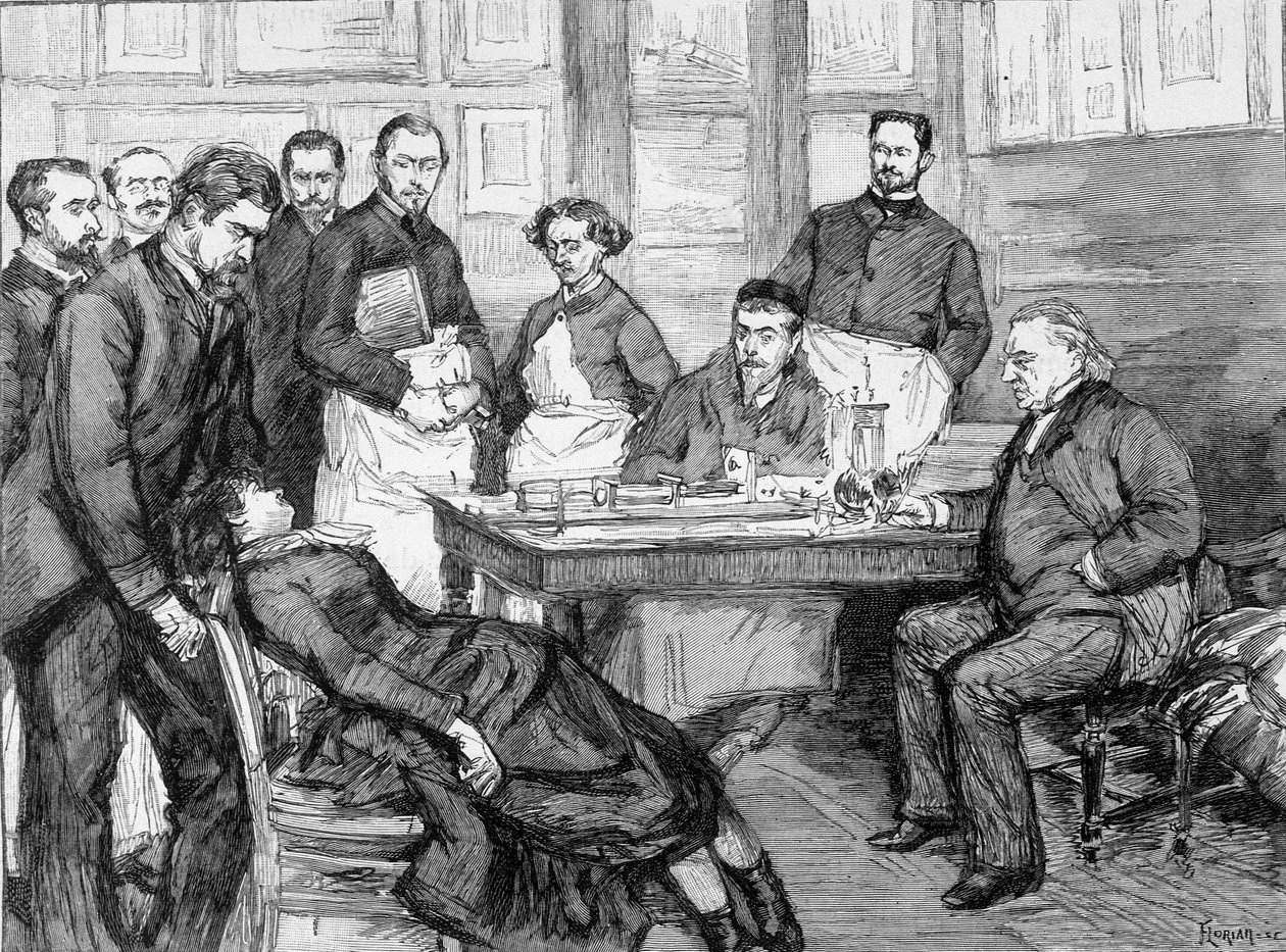Dr. Jean Martin Charcots oplevelse af en patient på skolen på det psykiatriske hospital i Salpetriere. Charcot-Salpetriere bibliotek. af Unknown artist