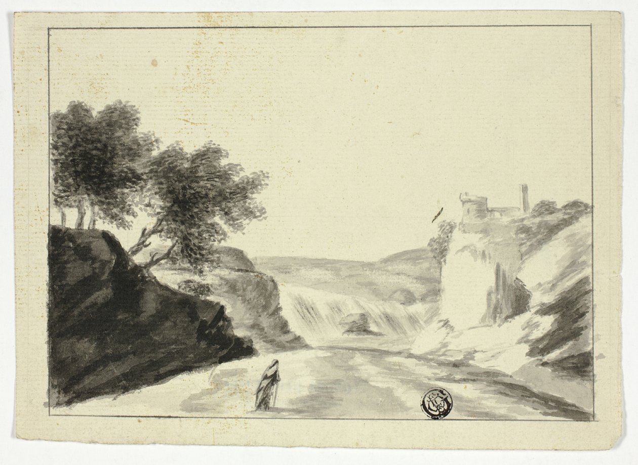 Draperet figur i landskab med slot på en klippe af Unknown artist