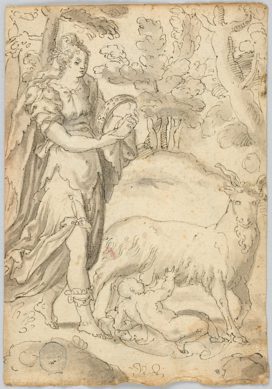 Tegning: A) Rhea og spædbarnet Jupiter. B) Sankt Frans af Assisi af Unknown artist