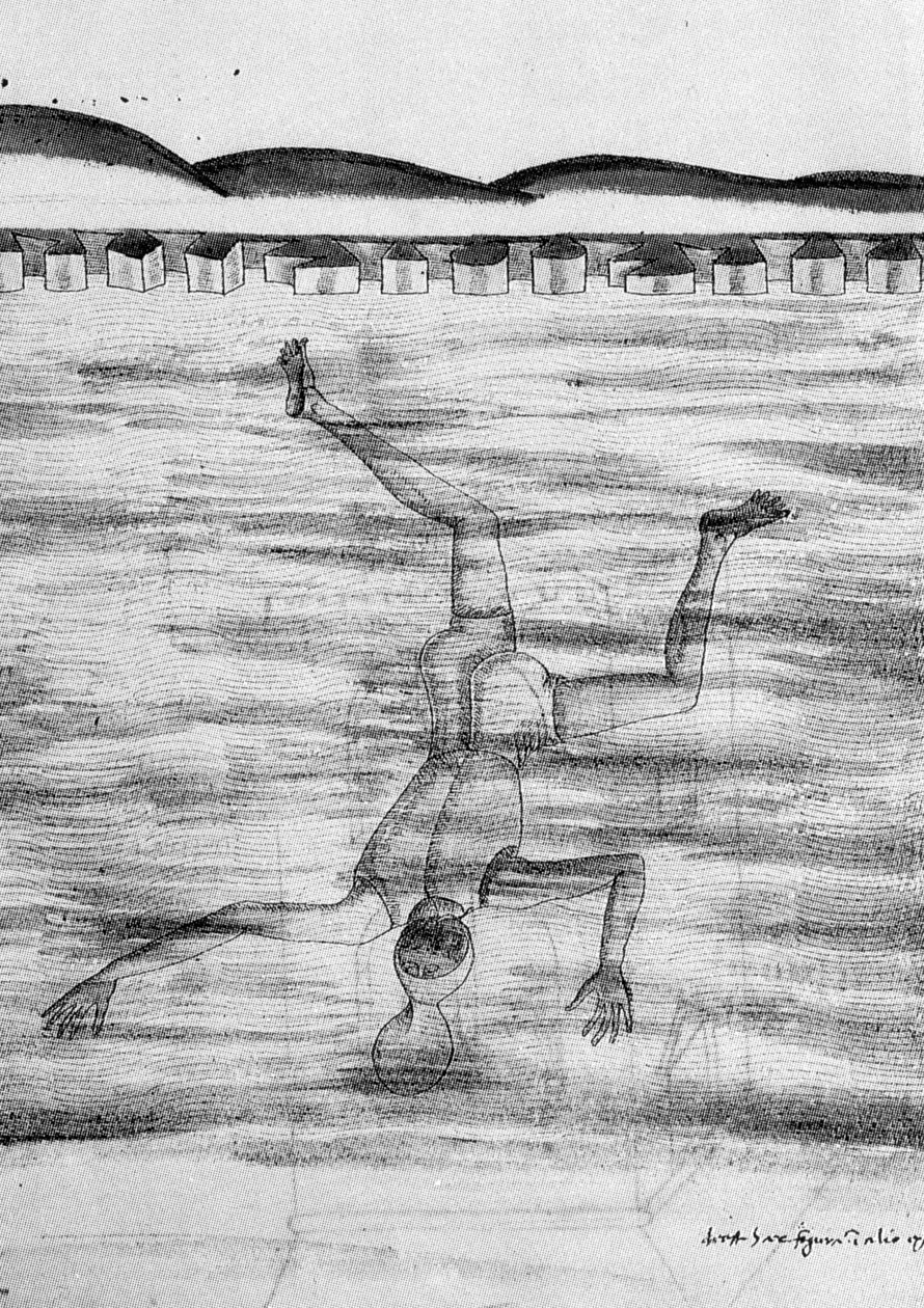 Tegning fra det 15. århundrede, der viser en mand, der går i vandet med en slags maske. af Unknown artist