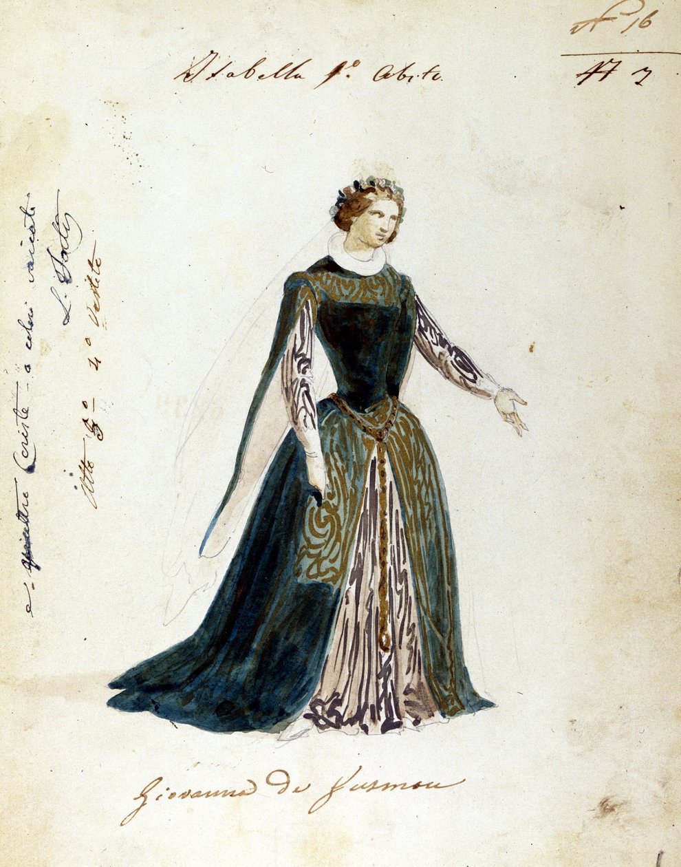 Tegning af kostumet til Isabellas karakter i operaen "" I vespri siciliani"" (De sicilianske vespers) komponeret af Giuseppe Verdi. Operatitlen for den første forestilling var "" Giovanna da Guzman "". Anonymt kostume lavet til Scala Teatret af Unknown artist