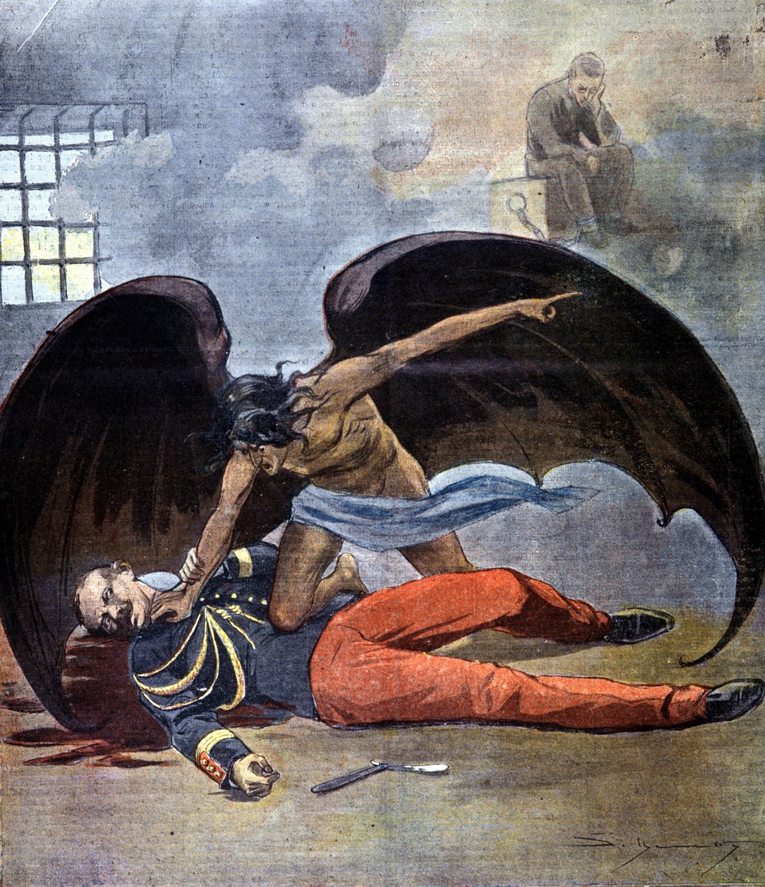 Dreyfus. Selvmordet af oberstløytnant Hubert Henry i sin celle, efter at han blev fundet forfatteren af brevet, der beskyldte Dreyfus. 1898. af Unknown artist