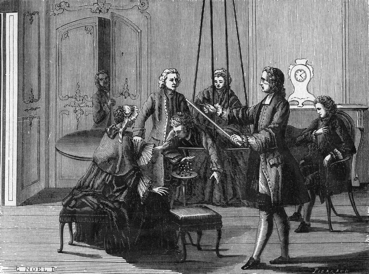 Dufay oplevelse. Charles François Du Fay (Dufay?) (1698 - 1739), en fransk kemiker og fysiker viste, at elektriske gnister kan trækkes fra menneskekroppen. Indgravering fra Science Album. Frankrig 1800-tallet. af Unknown artist