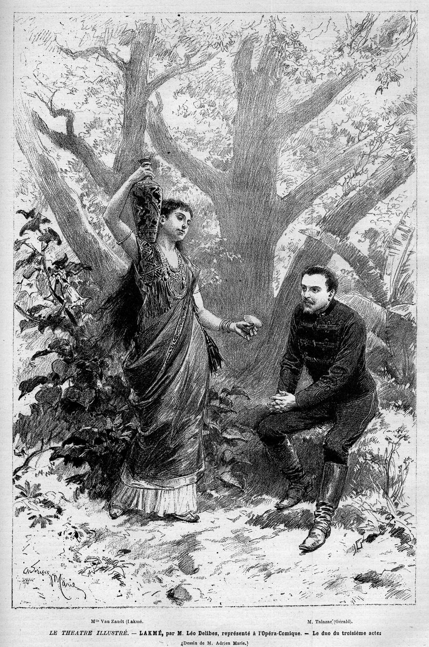 Duo af tredje akt med sangerinden Marie van Zandt fra operaen "Lakme" af Leo Delibes, Edmond Gondinet og Philippe Gille optrådte for første gang den 14. april 1883 på Opera Comique i Paris. Indgravering i "" Le Monde illustrious"" 1883. Privat kolle af Unknown artist