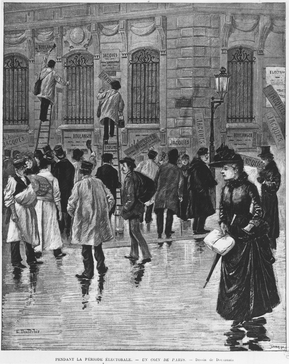 I valgperioden i Paris; plakatklistermærker under valget den 27. januar 1889, kulminerende i bagerkampagnen - Musee Carnavalet. af Unknown artist