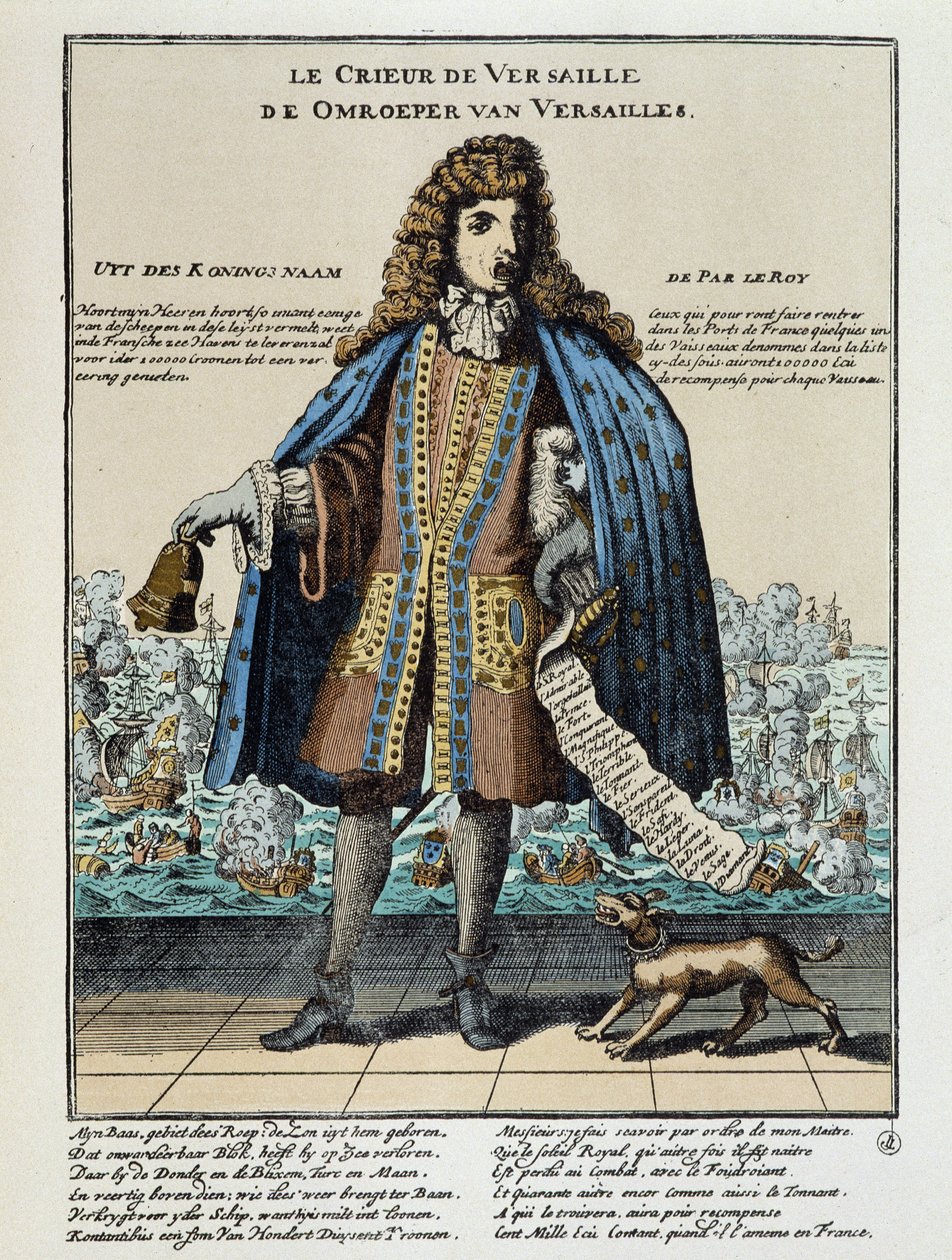 Hollandsk satirisk tryk mod Ludvig XIV: Slaget ved Hougue eller den franske flåde, bevæbnet for at genoprette Jacques II og kommanderet af Anne Hilarion af Costentin (Cotentin), greve af Tourville (1642-1701), blev besejret og delvist ødelagt den 29. maj 1 af Unknown artist