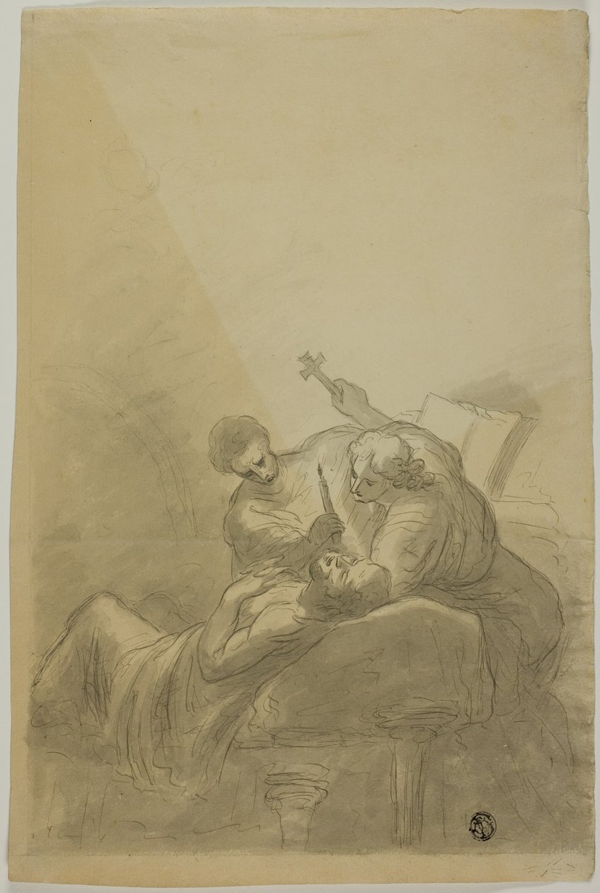 Døende mand overværet af to figurer, der holder stearinlys, bog og kors af Unknown artist