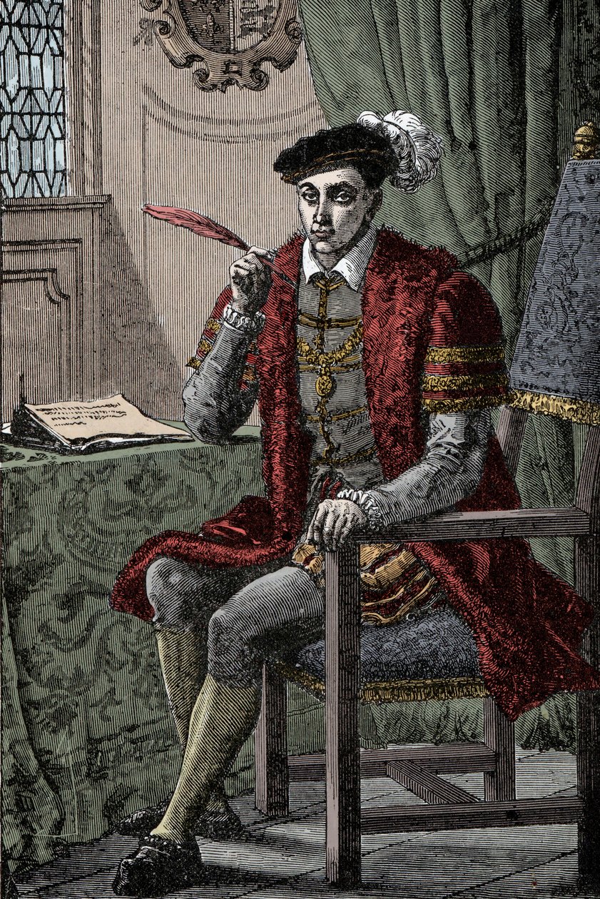 Edward VI skriver sin Journal - Kong Edward VI (1537-1553) skriver sin Journal af Unknown artist