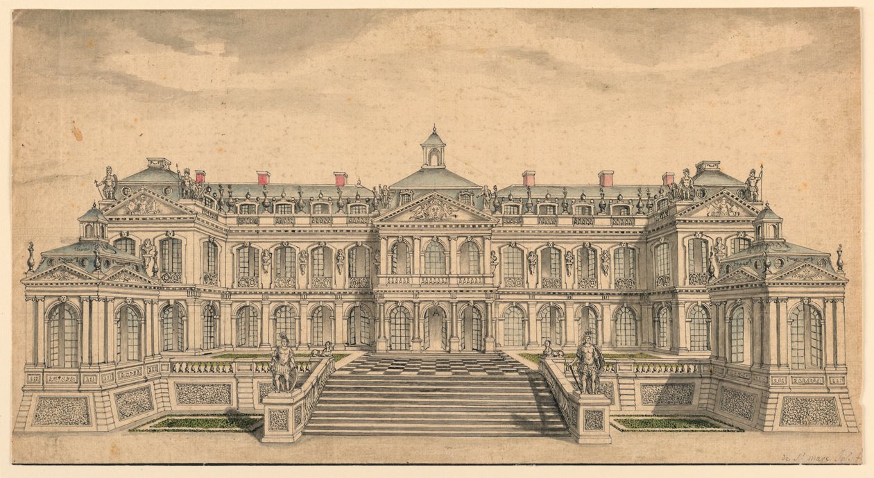 Forhøjning af en havefacade til et lille fransk palads af Unknown artist