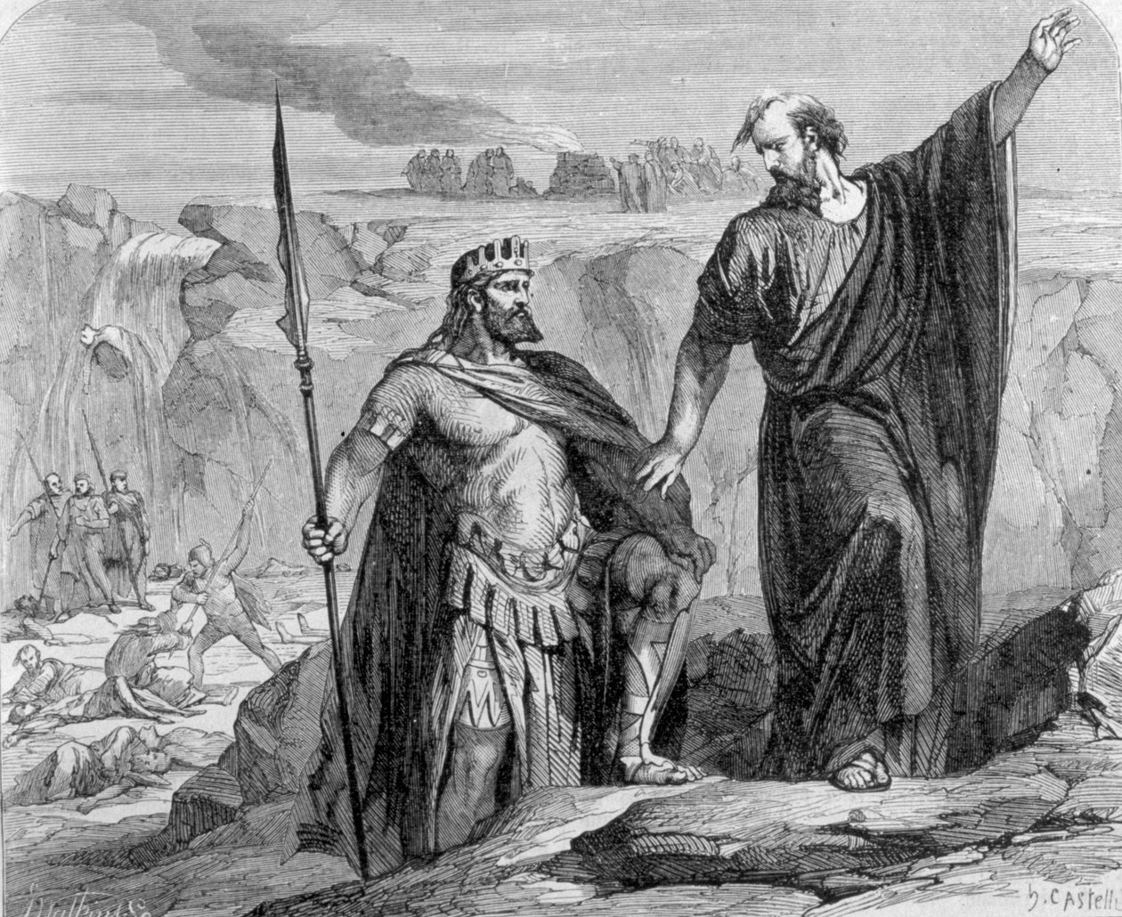 Elias advarede Akab om, at regnen er nært forestående. I baggrunden ser vi tilbedelsen af Baal (Ba