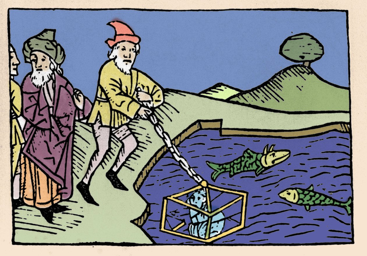 Kejser Alexander den Store (356-323 f.Kr.) satte i havet i en tønde (klokke). Xylografi af det 15. århundrede. af Unknown artist
