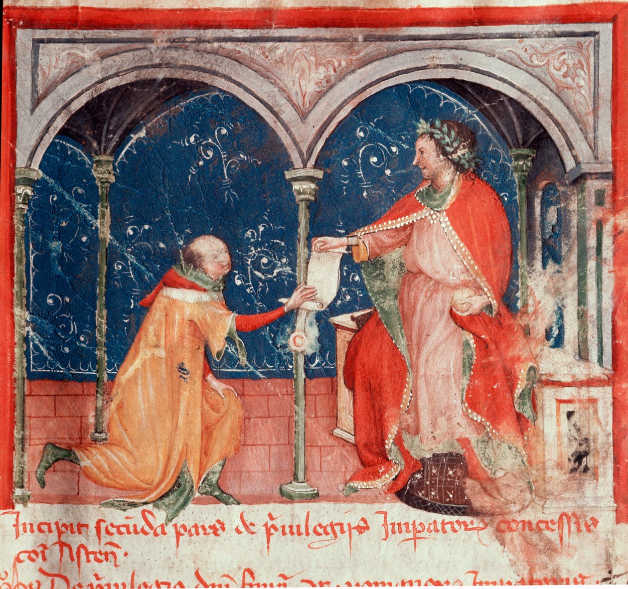 Kejser Frederik II af Hohenstaufen (1194-1250) undfanger privilegier til byen Asti Miniature taget fra "Codex Astensis" (eller Malabayla), krøniker om byen Asti mellem 1065 og 1353. 14. århundrede. Bevar i borgmesteren i Asti af Unknown artist