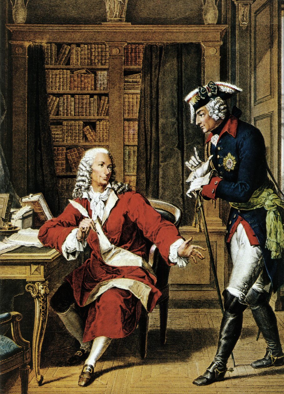 Kejser Frederik II den Store (1712 - 1786) besøger filosoffen Voltaire (1694 - 1778). Radering af 1700-tallet. af Unknown artist