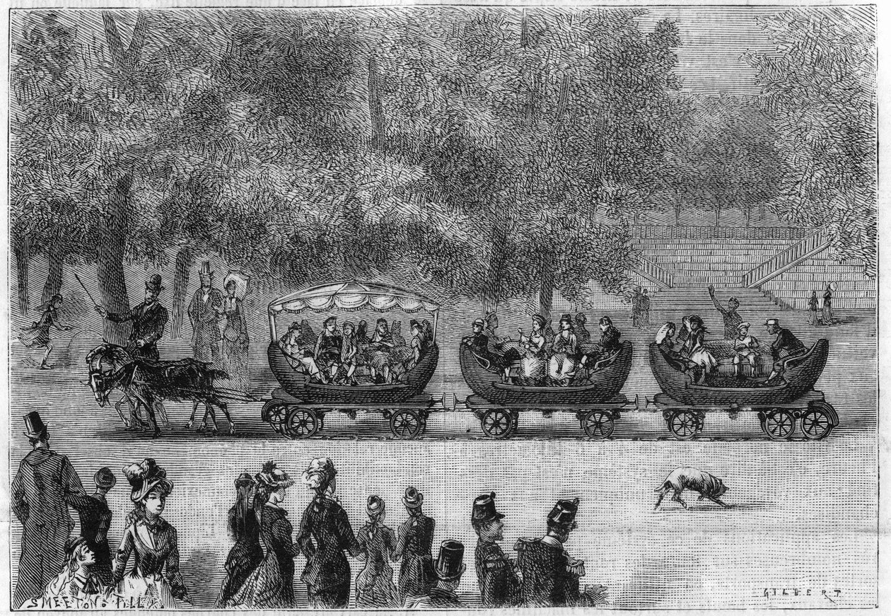 Endeløse skinner tilpasset til et tog af biler trukket af geder i Tuileries-haven i Paris (af natur). Indgravering i "" La Nature: revue des sciences et de leurs applications aux arts et a l
