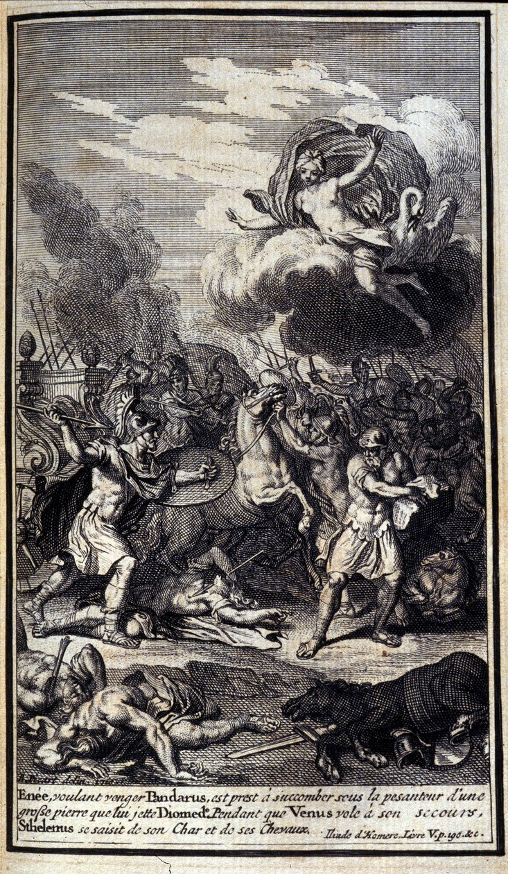 Enee, der ønsker at hævne Pandaros, er klar til at bukke under under tyngden af en stor sten, som Diomede kaster. Mens Venus flyver ham til undsætning, greb Sthelenos hans vogn og heste. Illustration af bog V i Iliaden af Homere, fransk udgave af Unknown artist