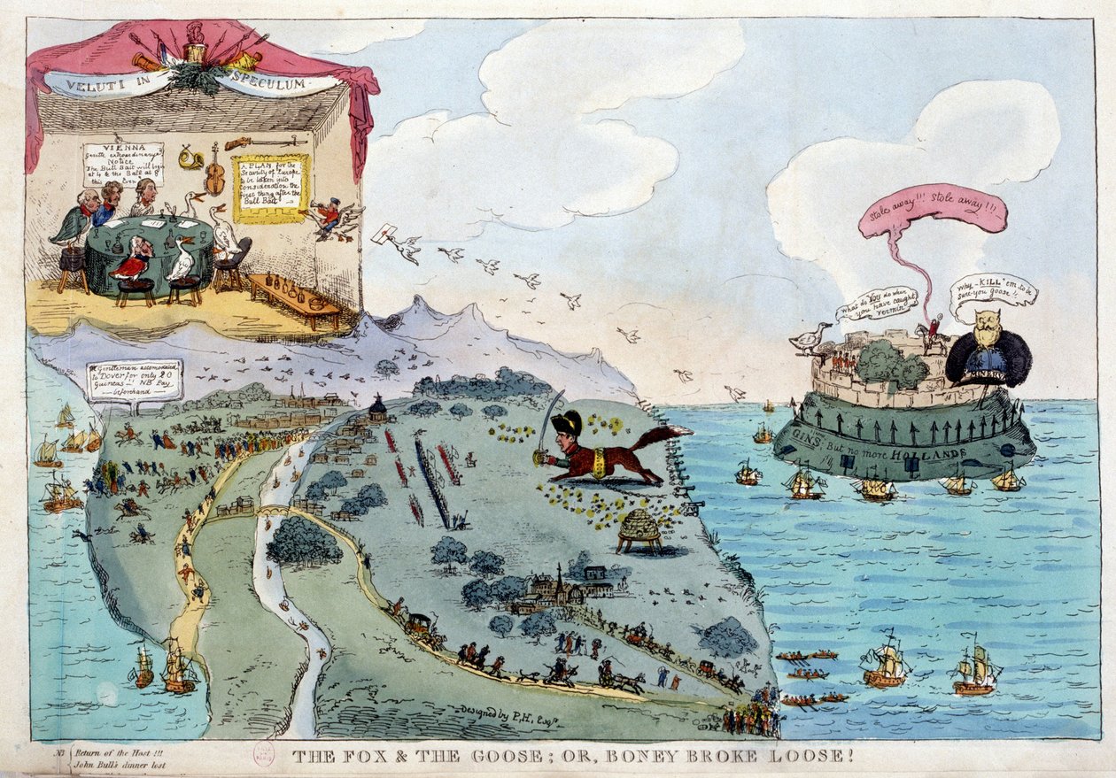 Engelsk tegneserie om Napoleon Bonaparte - i Napoleon I, karikaturer, dummy-samling. 1814 - 1815. B.H.V.P. af Unknown artist
