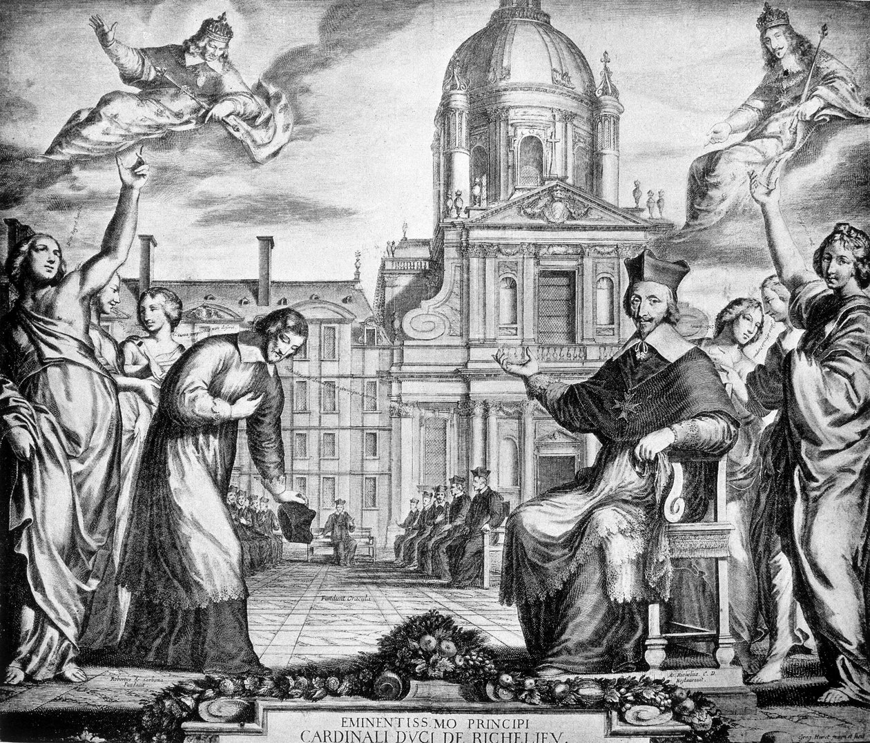 Indgravering til kardinal Richelieus ære til genetablering af Sorbonne i Paris, bestilt til Lemercier, afsluttet i 1642. af Unknown artist