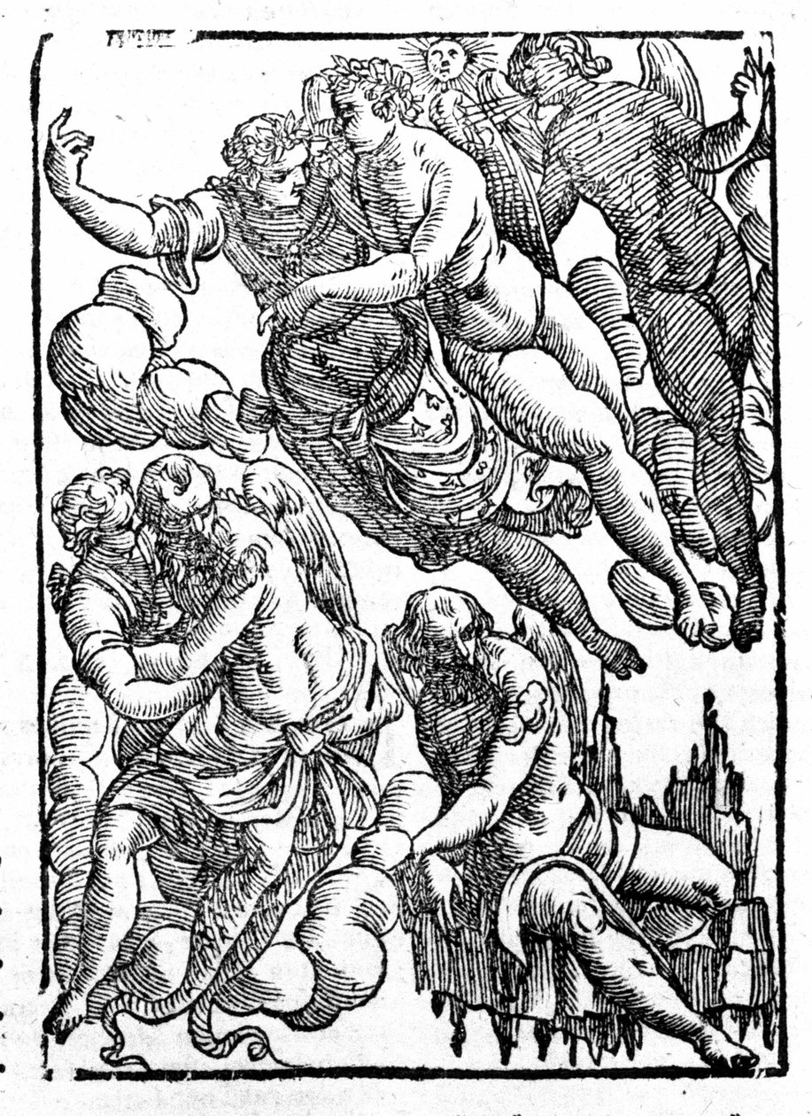Eole (nederst til højre) og vind. "Mytologier eller forklaringer af historierne" givet af Natalis Comitis. Padova 1677 af Unknown artist