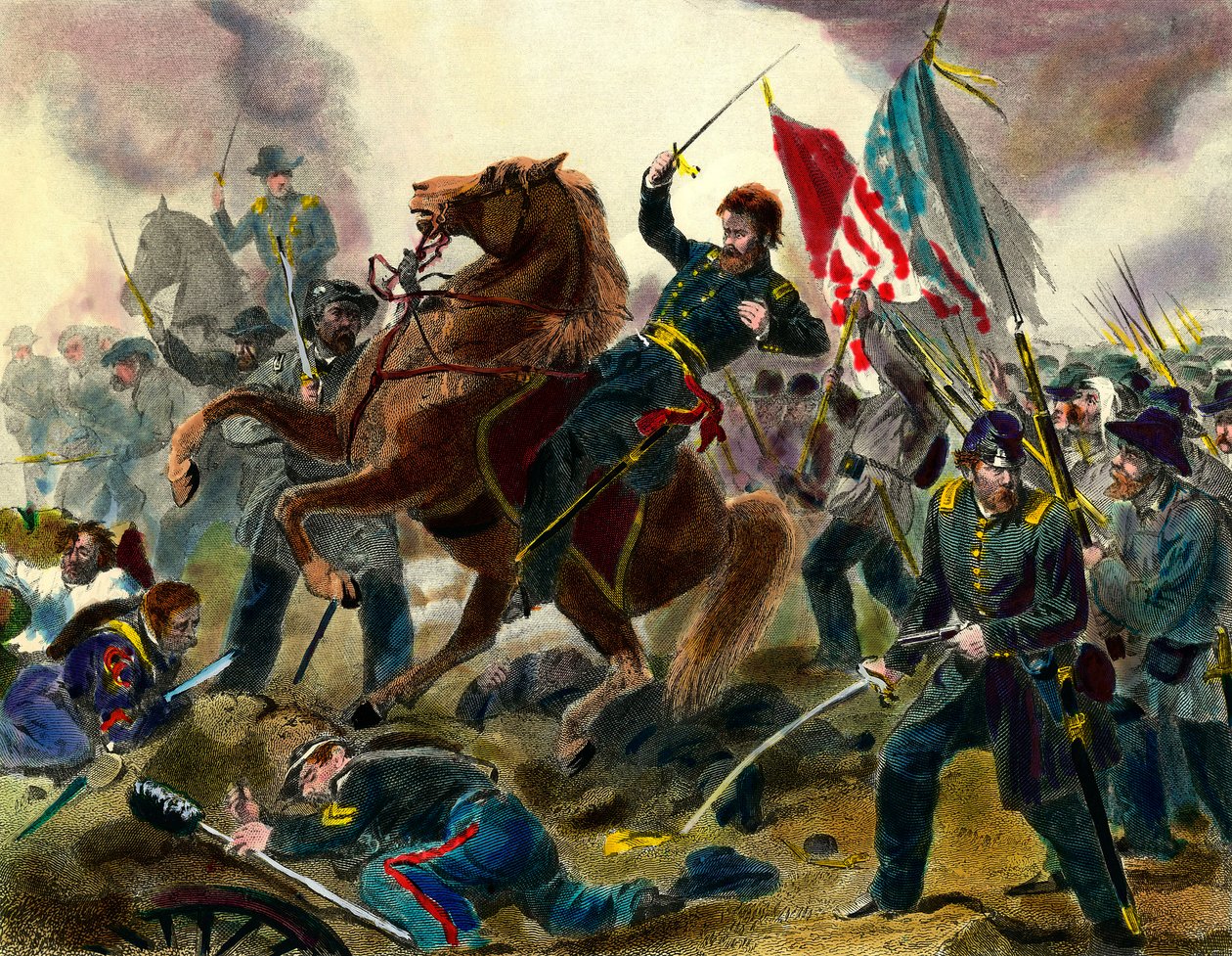 Episode af løsrivelseskrigen (1862-1865) eller borgerkrigen i USA: Den amerikanske general for unionsstyrker Ulysses Simpson Grant (1822-1885) under en kamp mod tropperne i Forbundsstaterne. Indgravering af det 19. århundrede Private Collecti af Unknown artist