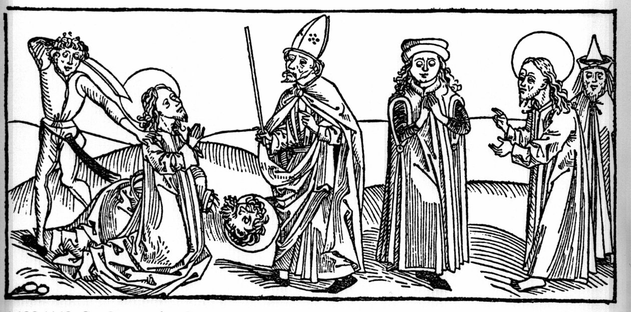 Episode af Saint James the Majors liv: helgenen halshugges under øjnene af Herodes af Agrippa, konge af Judæa. Indgravering fra “Leben der Heiligen - sommerteil” (Helgenbogen) af Jacobus (James) af Voragine (1228-1298). Lübeck 1488. af Unknown artist