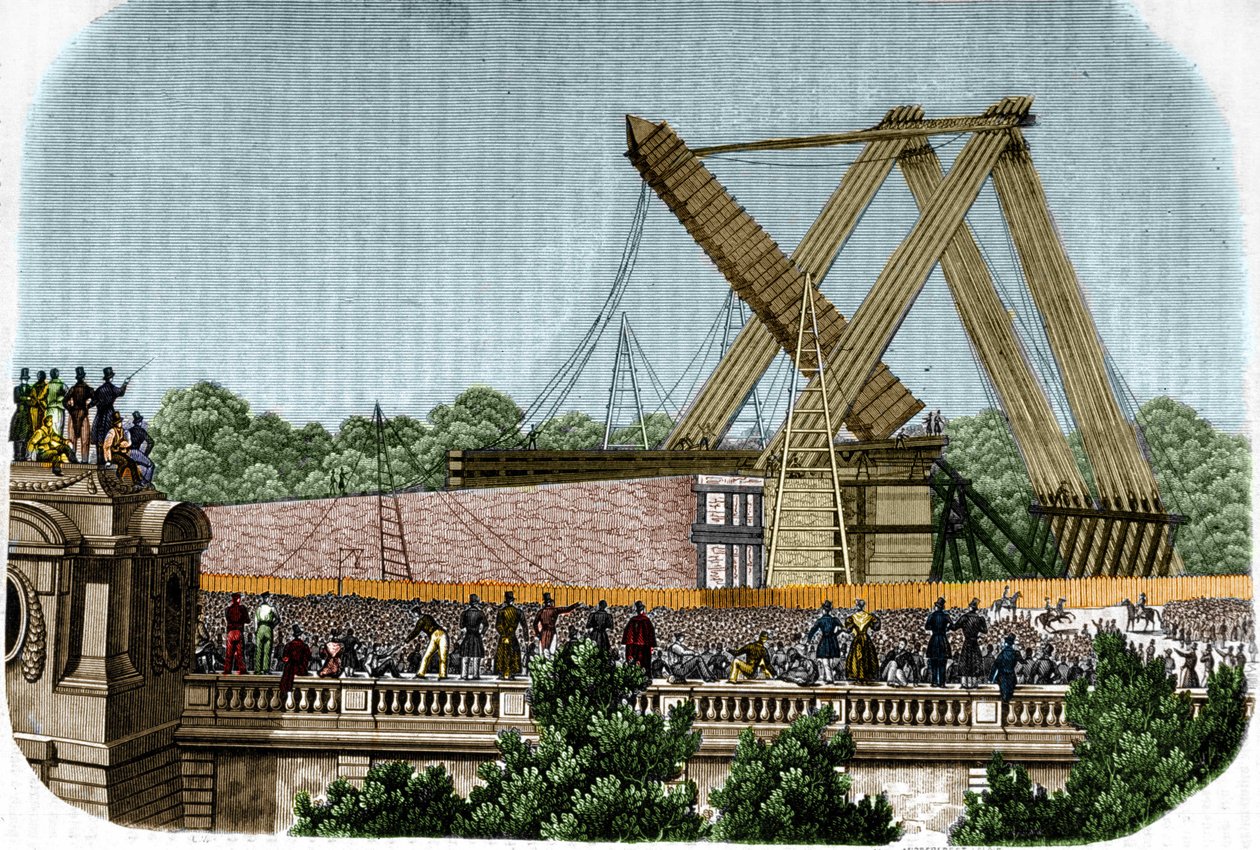Opførelse af obelisken af Louqsor (Luxor) på Place de la Concorde. Paris, 25. oktober 1836. af Unknown artist