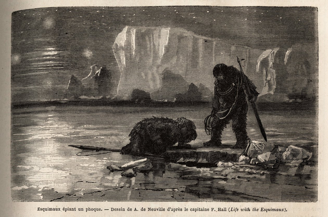 Eskimale jægere, der spionerer på en sæl gennem et hult hul i isposen og venter ved nattens grav på at harpunere den. Gravering for at illustrere rejsen til det frie hav af den arktiske pol, af Doctor Hayes, kirurg fra den amerikanske flåde, i 1860-1862, af Unknown artist