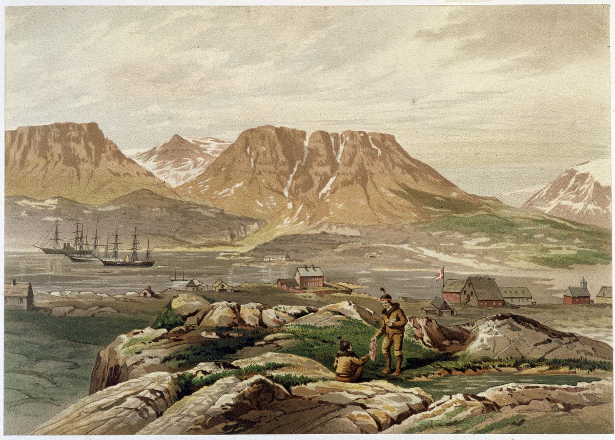 Eskimoer og bosættelse - i "The shores of the polar sea, an Arctic expedition narration"", af Dr. Edward Moos, Marcus Nard & Co, London af Unknown artist