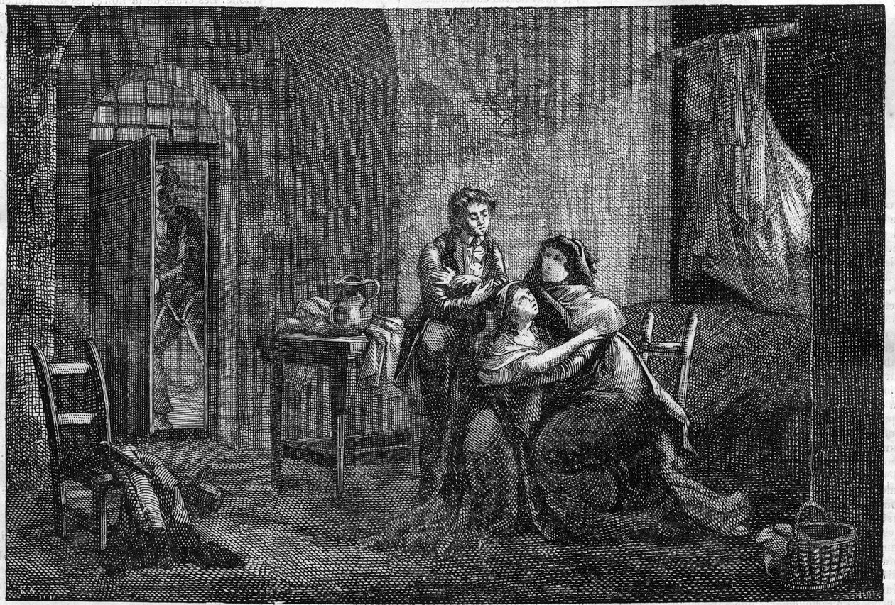 Eugene og Hortense Beauharnais trøster deres mor Josephine de Beauharnais i sit fængsel (Prison des Carmes) af Unknown artist