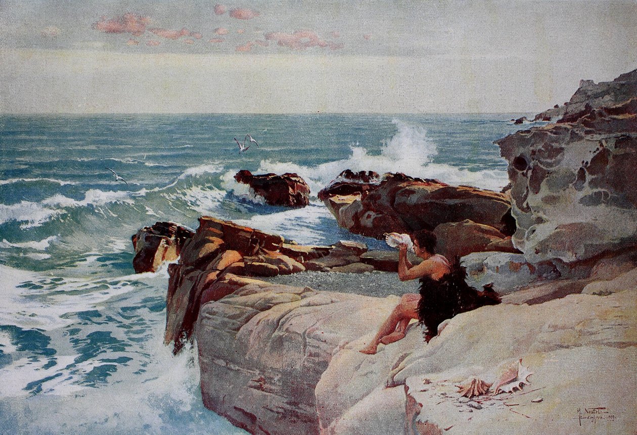 Aften ved havet, ung mand med en stor skal, der sidder på kysten af Unknown artist
