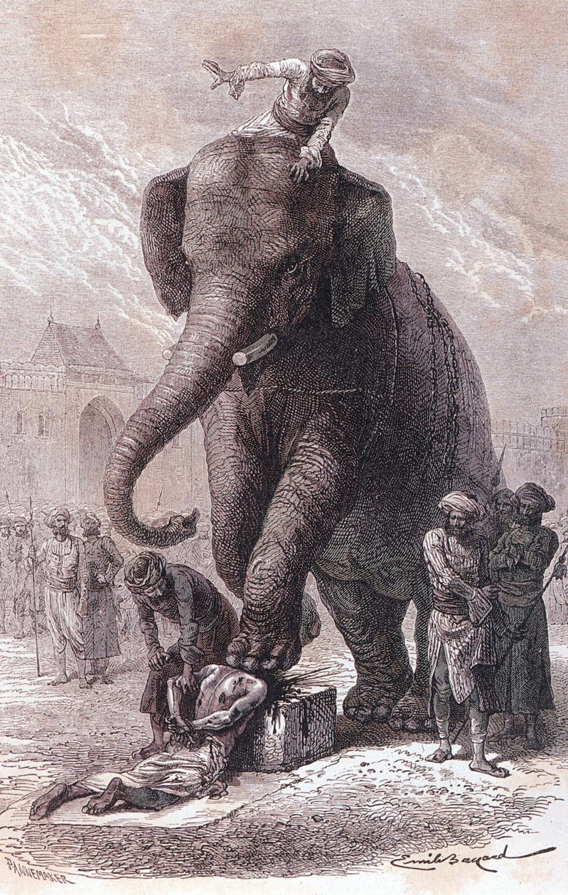Henrettelse i Indien: Forbrydere henrettes: deres hoved knuses af en elefant, der føres af sin karnac, kobberstik 1875 af Unknown artist