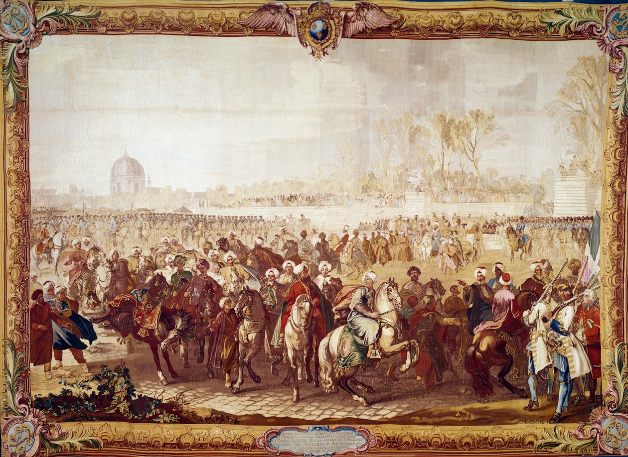 Udgang af den tyrkiske ambassadør Mehmet Effendi fra Tuileriehaven efter audiensen givet af kong Louis XV den 21/03/1721 1700-tals gobelin. Paris, nationale møbler af Unknown artist
