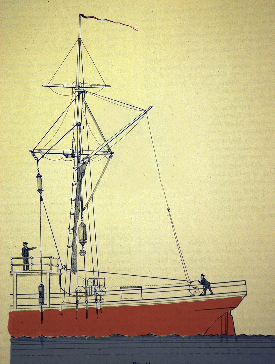 Ekspedition Voeringen, første norske ekspeditioner i Nordatlanten omkring 1876-1878. Udsigt over remskivesystemet for at undersøge marine dybder. 1878 ca. af Unknown artist