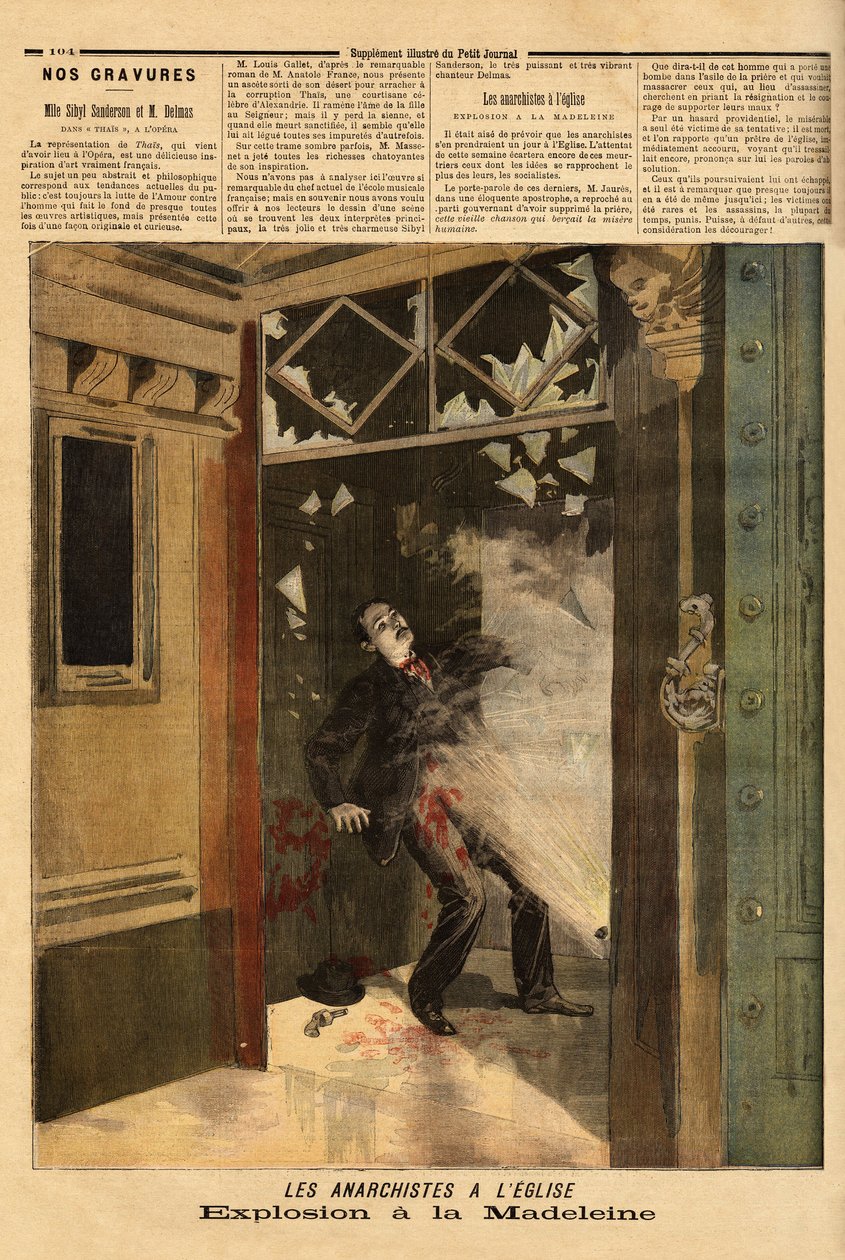 Eksplosion i kirken La Madeleine i Paris, den anarkistiske forbryder, det eneste offer, har virkningerne af sin egen bombe. Indgravering i "" Le petit journal"" 26/03/1894. Selvas samling. af Unknown artist