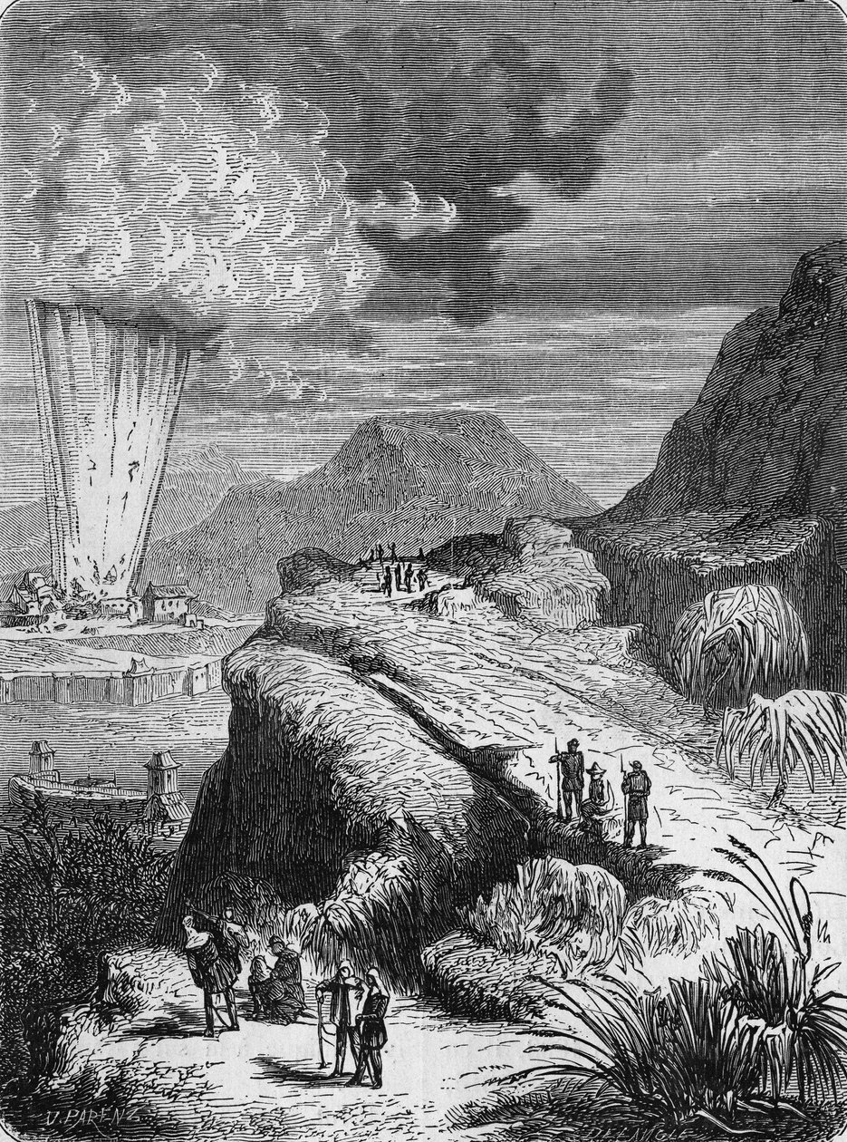 Eksplosion af Fort Pei-Ho, Kina, på grund af en maskine antændt af Ruhmkorff-spolen. I” Album de la Science”, Éditions Jouvet af Unknown artist