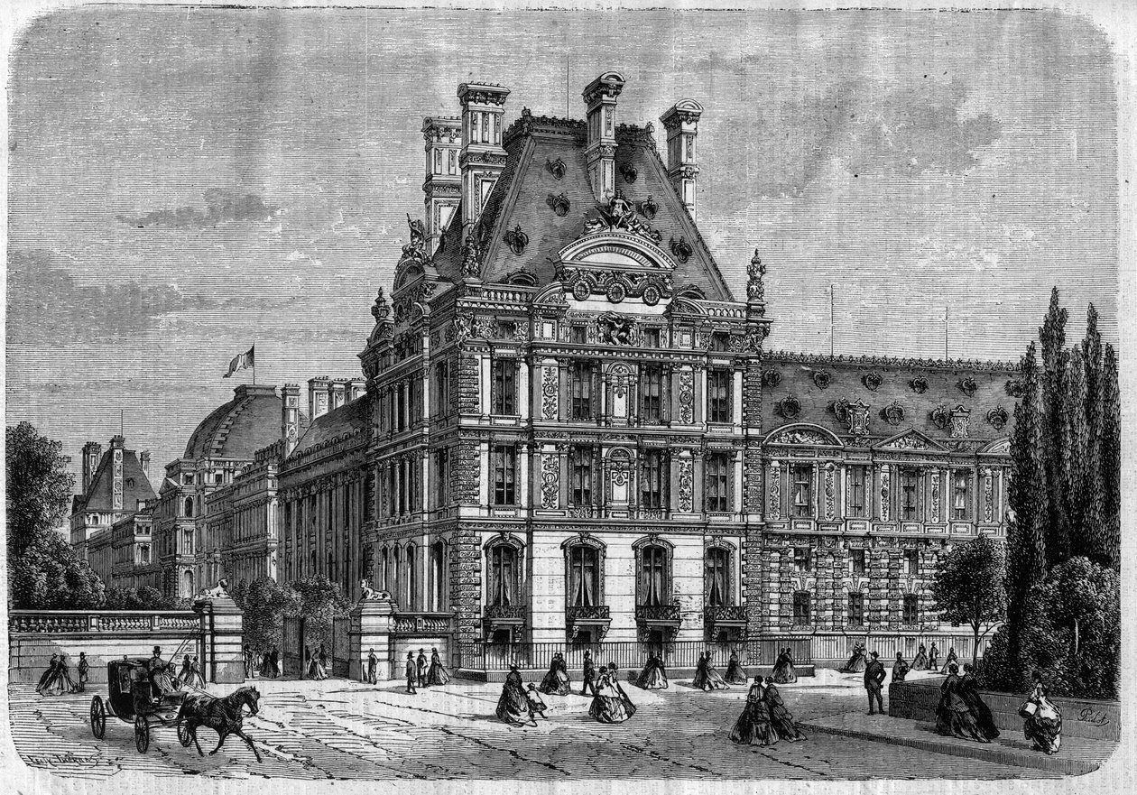 Udvendig udsigt over Pavillon de Flore ved Palais des Tuileries og Galerie du bord de l
