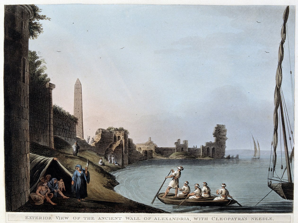 Udvendig udsigt over den gamle mur i Alexandria, med Kleopatras nål (volde og obelisk) - i "" Udsigt i Egypten, Palæstina og andre dele af Det Osmanniske Rige"" af Unknown artist